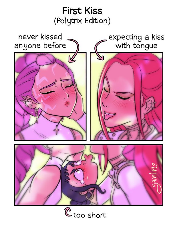 A meme of the girls from Kpop Demon Hunters titled "First Kiss" (Polytrix Edition)
Panel 1: Rumi with her eyes closed, puckering up. Text says, "Never Kissed anyone before."
Panel 2: Mira with eyes eyes closed and her tongue out, text reads, "Expecting a kiss with tongue."
Panel 3: Zoey struggling to reach both of them, straining with her lips puckered out cartoonishly, text reads, "Too short."