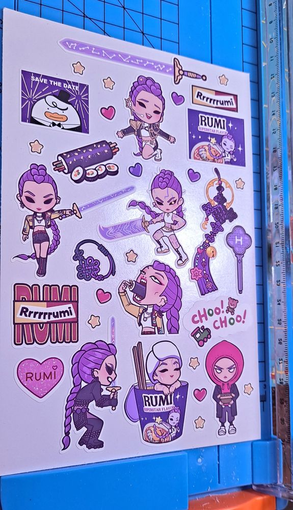 A sticker sheet of Rumi from Huntrix in cute chibi style!