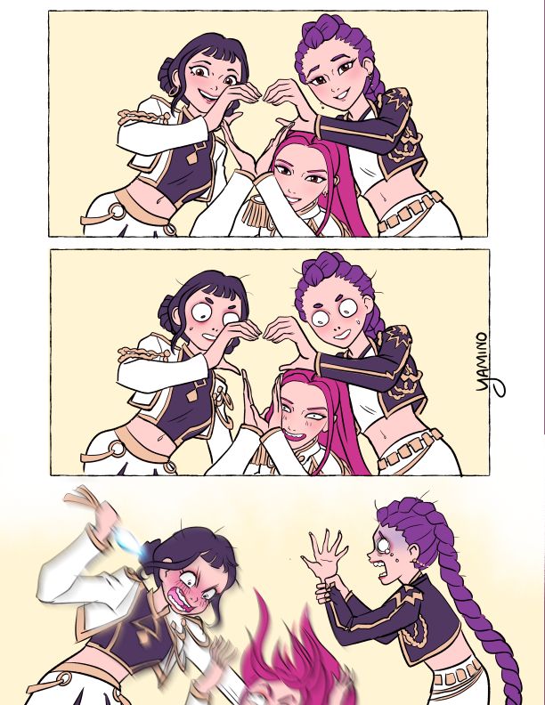 A three panel comic of Zoey, Mira, and Rumi from Kpop Demon Hunters. Panel 1: The girls are smiling and arranging their hands in the shape of a large heart.
Panel 2: Mira makes a crazed smirk as she changes her hands to make the shape look like a dick, while Zoey and Mira look shocked.
Panel 3: Zoey punches Mira offpanel, furiously blushing and holding her knives, Mira has no regrets, Rumi is holding her hand in horror as if it has been infected.