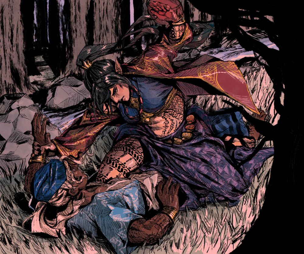 Akazha pinning Raxri to the ground.