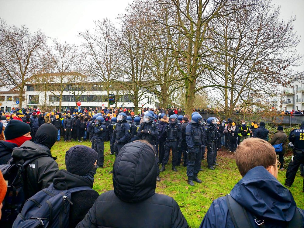 Einige Polizisten stehen auf einer Wiese in voller Montur um drei Personen herum. Sie sind umringt von Demonstrierenden.