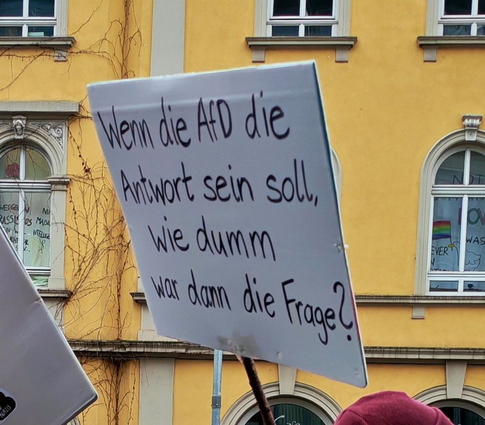 Pappe mit der Aufschrift "Wenn die AfD die Antwort sein soll, wie dumm war dann die Frage?"