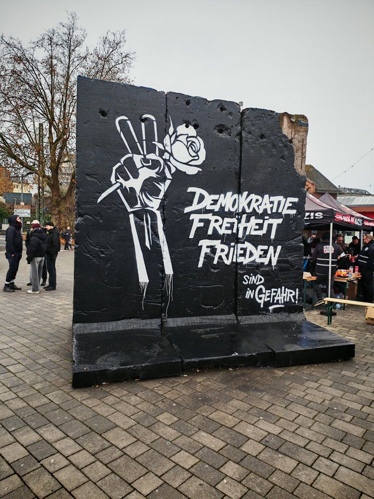 Stück Mauer, schwarz angemalt, mit der weißen Aufschrift "Demokratie, Freiheit, Frieden sind in Gefahr", links davon eine hochgereckte Hand mit ausgestrecktem Zeige- und Mittelfinger und einer Rose in der Hand.