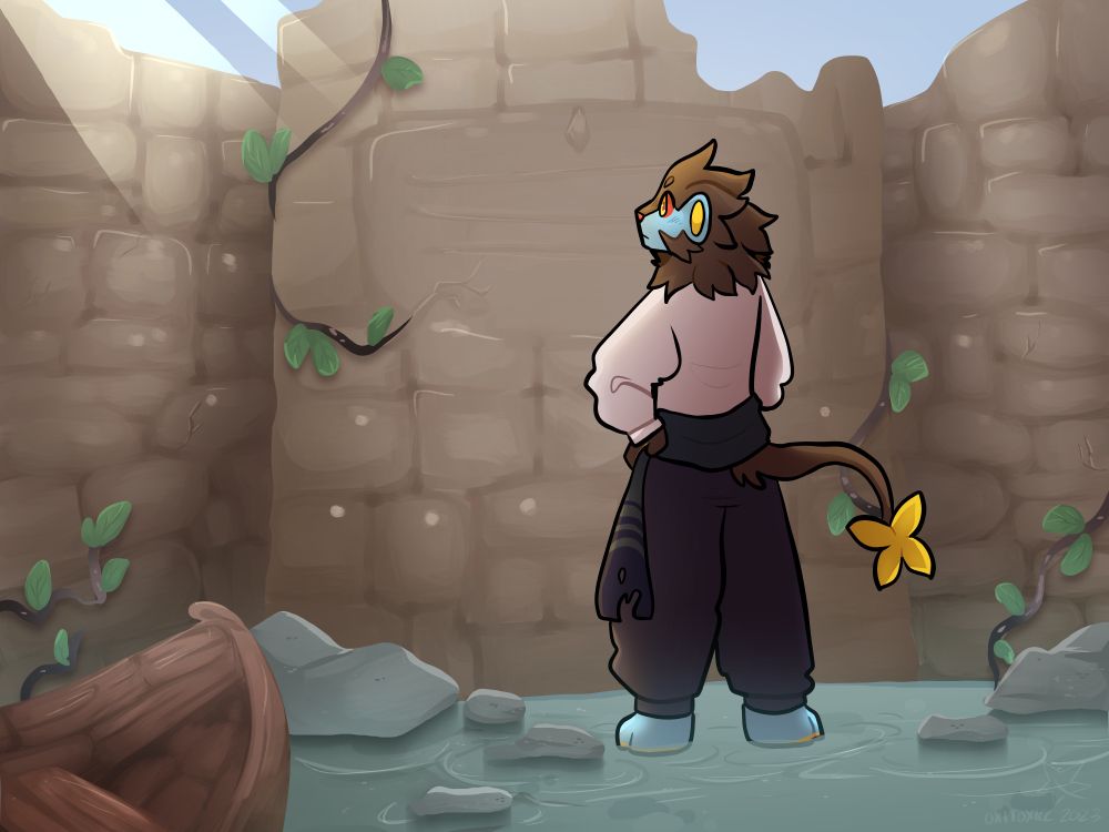 Ampere at a lightly flooded ruin analyzing inscriptions on the wall - @okitoxicc via Twitter