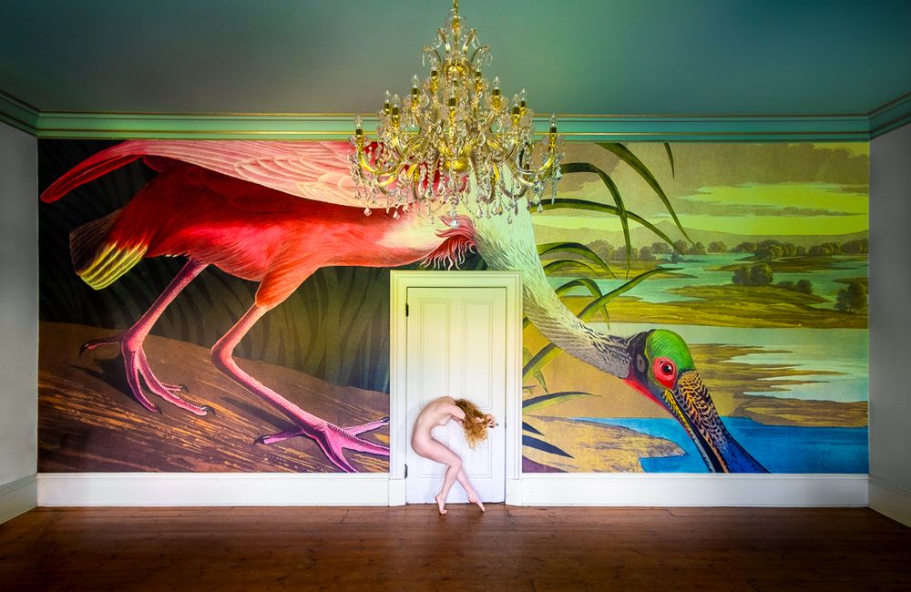 Nude woman framed in doorway, with Roseate Spoonbill wallpaper on wall behind her.