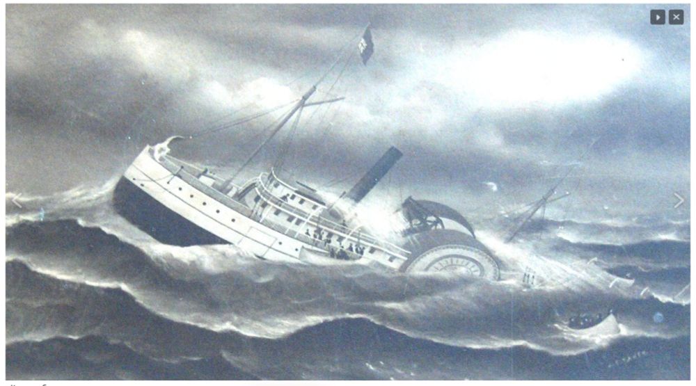 Illustration shows paddlewheel steamer City of Monticello foundering in heavy seas. 