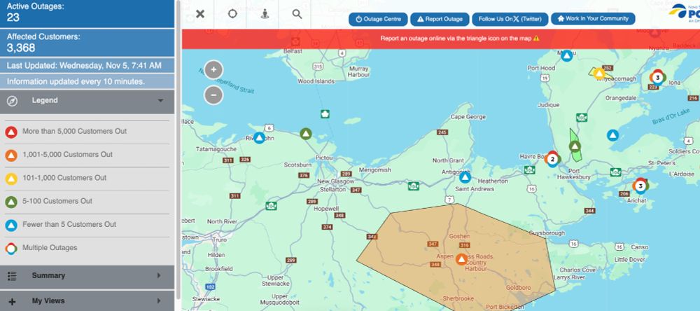 Screenshot of Nova Scotia Power outage map showing a large service failure in Guysborough County and several other blackouts scattered across Cape Breton and Pictou County. 