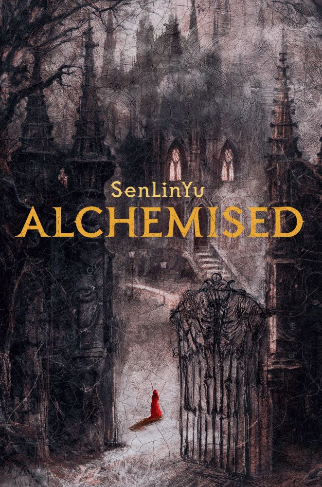 Book cover for Alchemised by SenLin Yu which features a person in red at the gate to a castle