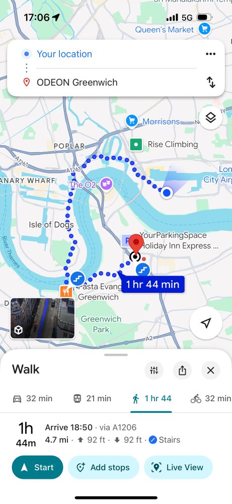 Google Maps screenshot showing walking directions from near the London Excel to an Odeon cinema in Greenwich. 1 hr 44 on foot because there's no bridge close by. 21 mins on the bus through a tunnel.