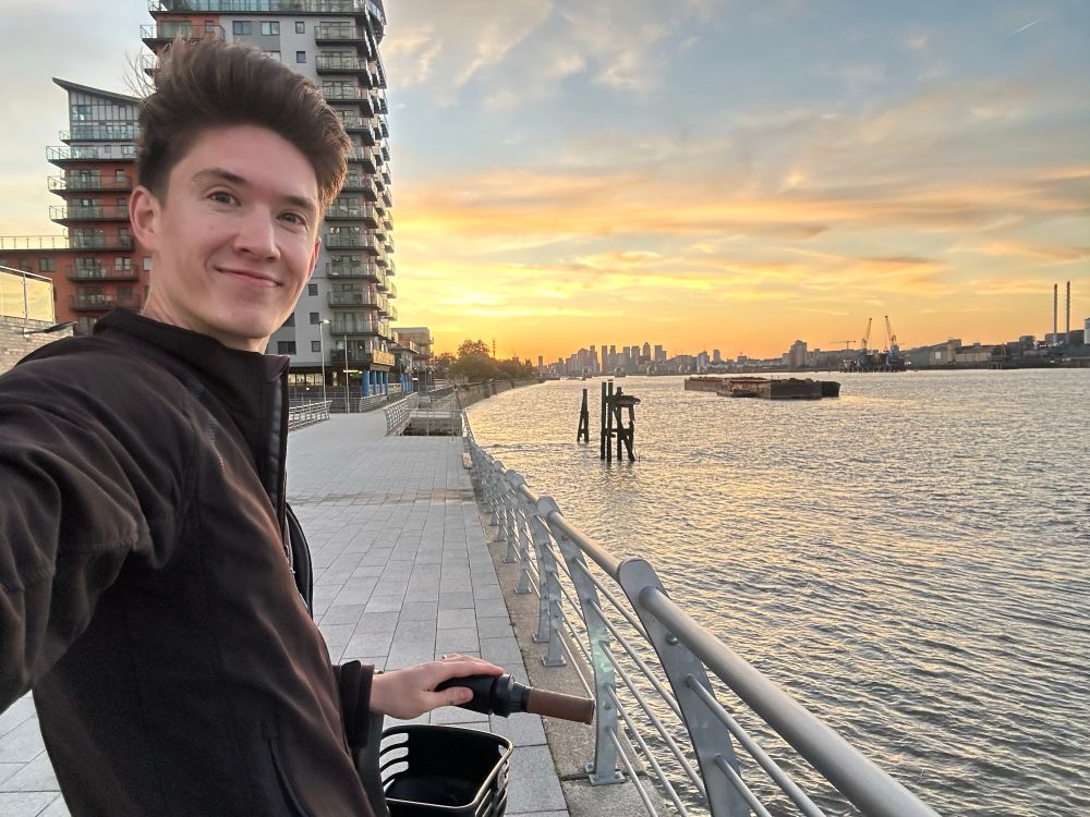 A failed attempt to get me, the skyline, the sunset and the bike in shot at the same time