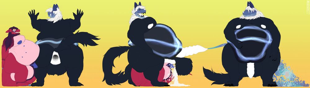 A three-panel illustration of a large anthropomorphic wolf shoving a smaller (but still large) anthropomorphic catdragon up their rear, getting off in the process.