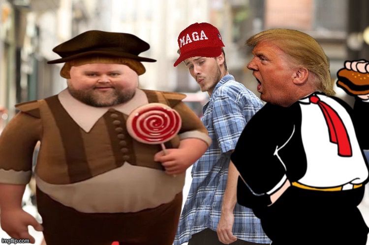 Trump as Wimpy from Popeye is upset as distracted boyfriend ogles JD Vance as Butter Pants from Shrek 