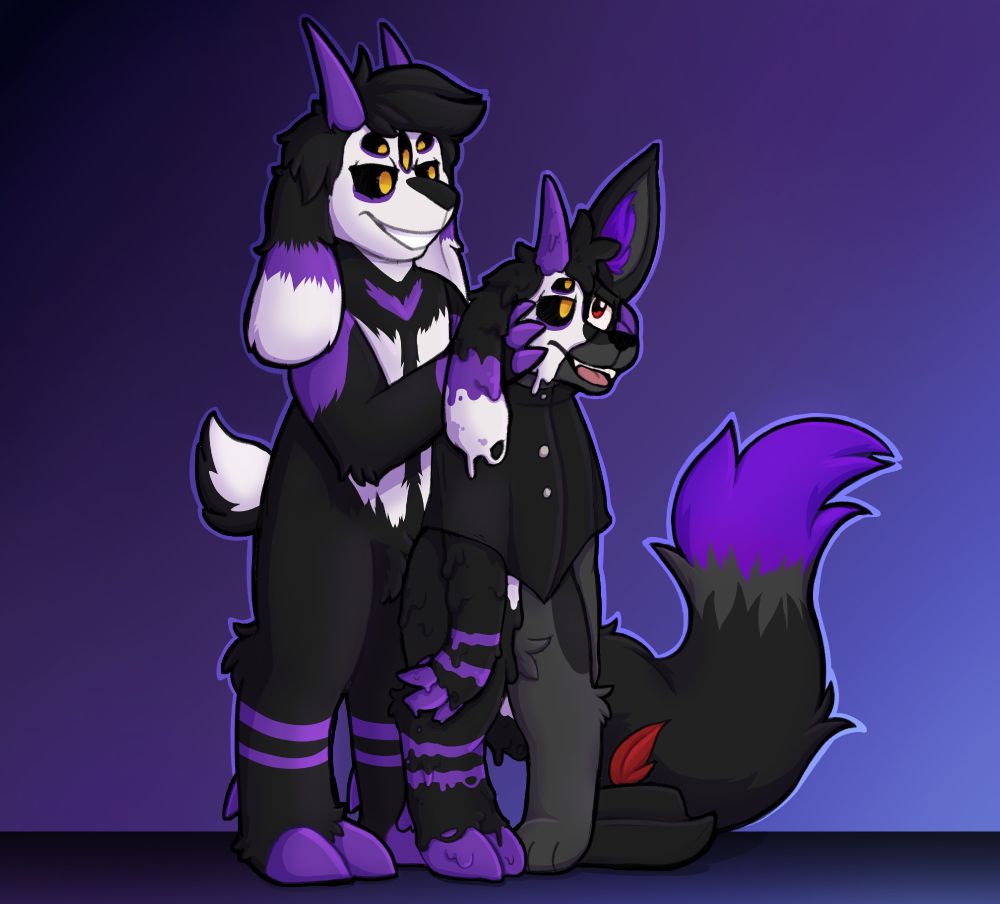 Maxie has Alkario by his little, small head, idly letting a gooey splosh of his own colours drip down the fennecs body. His hat rests on the floor, replaced on his head by one of Maxie's horns, his right side of his body matching Maxie's own body whilst the left side is soon to be turned. 