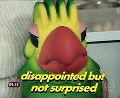 retrato frontal do boneco Louro José, com expressão de desgosto/irritação, e a inscrição "disappointed but not surprised"