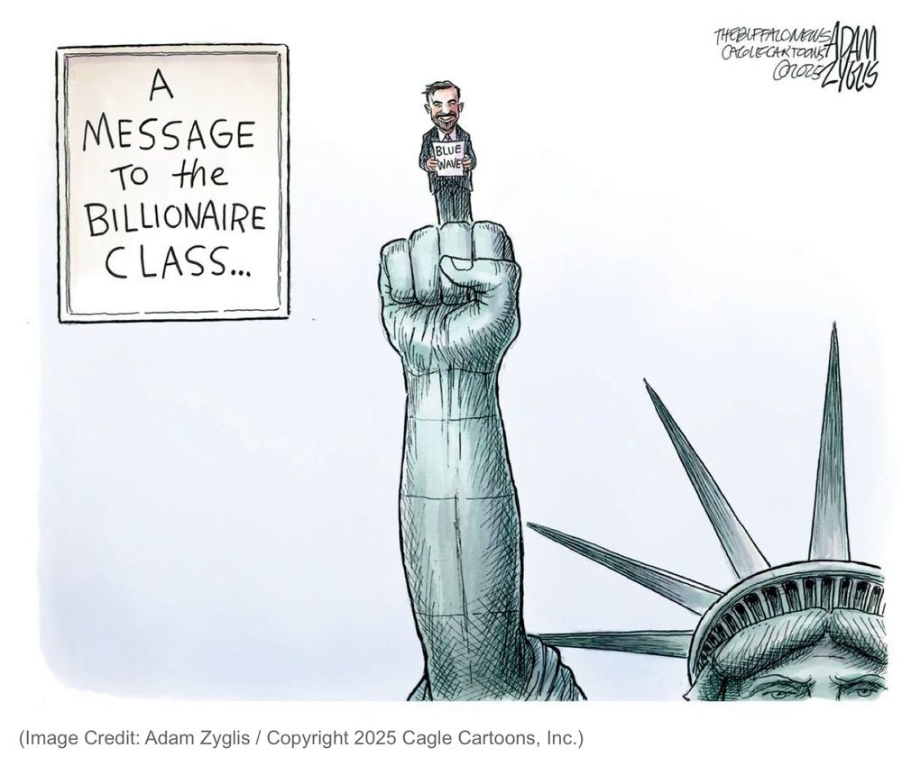 Man standing on had of Statue of Liberty representing middle finger… MESSAGE To the
BILLIONAIRE CLASS… 