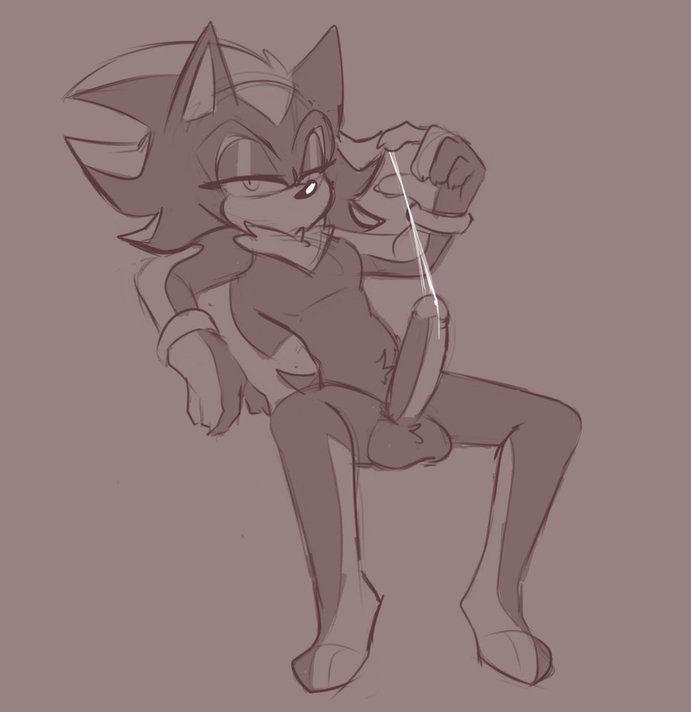 Mephiles, with his cock out, cumming a bit. He's probably beckoning, whomever, to come closer 