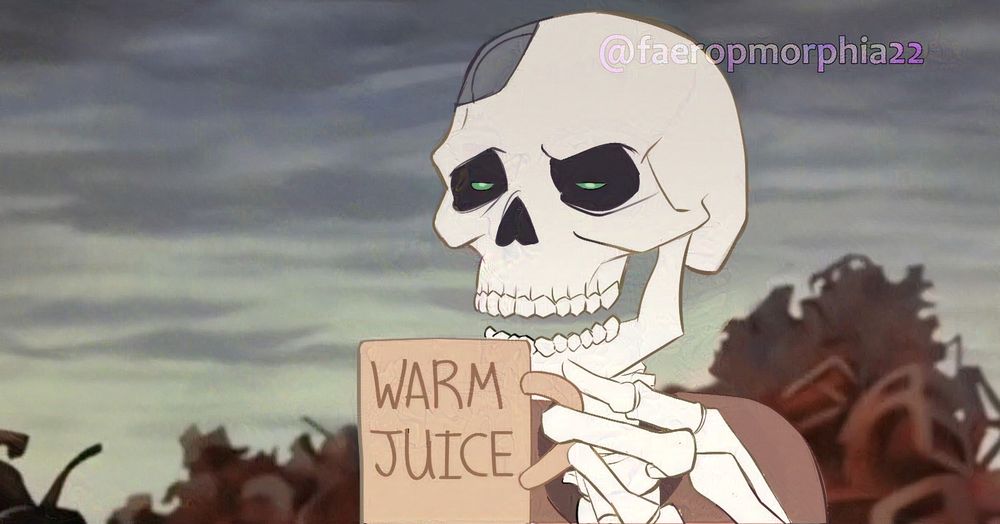 A very smug Finnish skeleton with a metal plate on the left side of his skull drawn in the style of the Iron Giant holding a cup labeled Warm Juice.