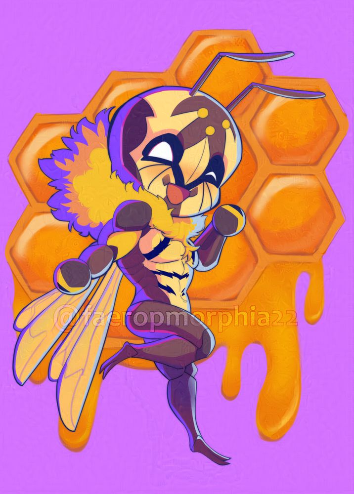 A cute and buff humanoid bee alien striking a flirty pose against a purple background with honeycombs in the back as well. A himbee, if you will.