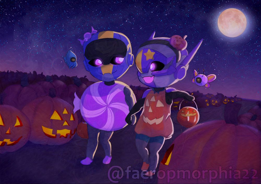 Chibi forms of two exos husbands: Amp-3 on the left dressed as a piece of candy and Storm-19 on the right dressed as a pumpkin with their ghosts at their respective sides also dressed up (Hazel dressed as a squid and Serena dressed as a butterfly) all going trick-or-treating down a pumpkin patch with the front most pumpkins being jack-o-lanterns. IT'S TOO DANG CUTE!
