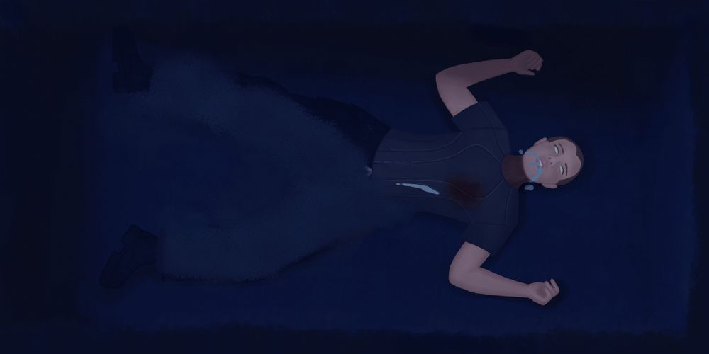 Top down view of a horizontal open grave. Clancy is laying inside in his At The Risk Of Feeling Dumb outfit: black boots, black cargo pants, and grey shirt with visible seams. His arms are and legs are splayed out and his eyes are rolled back. A blue liquid spills from his mouth down to the dirt below; some of it is on his shirt. There's blood over his heart. Dirt covers his legs. The whole piece has a blueish hue.
