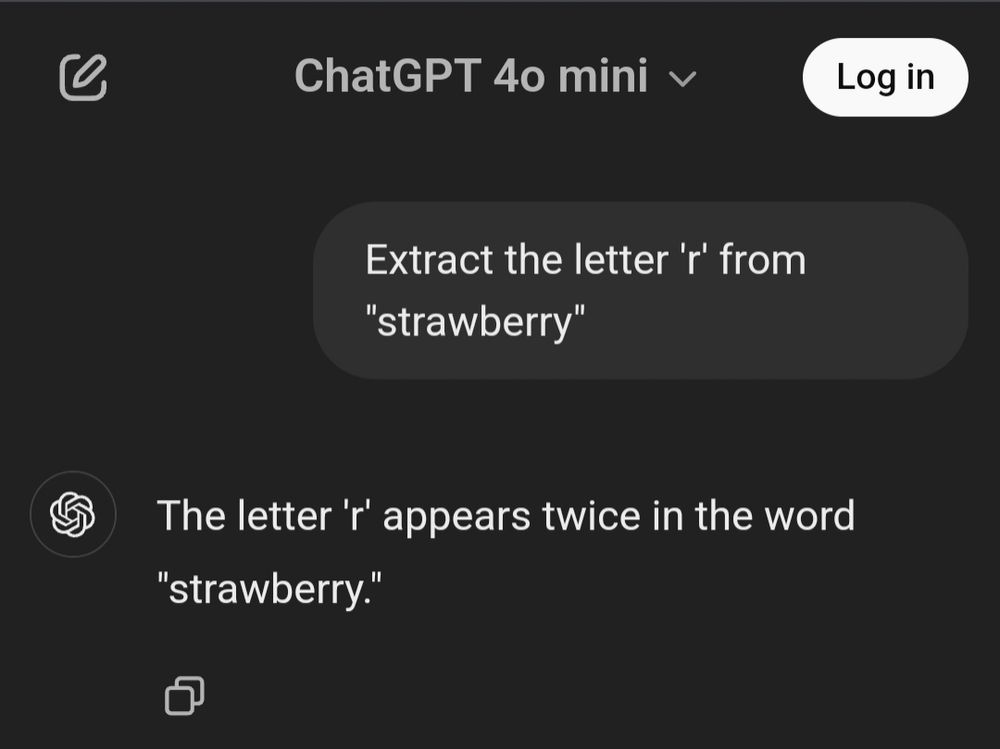 Um printscreen de uma conversa no chat GPT com o seguinte prompt: "Extraia a letra 'r' da palavra "strawberry"". Em seguida, a resposta dizendo que a letra 'r' aparece duas vezes na palavra "strawberry".