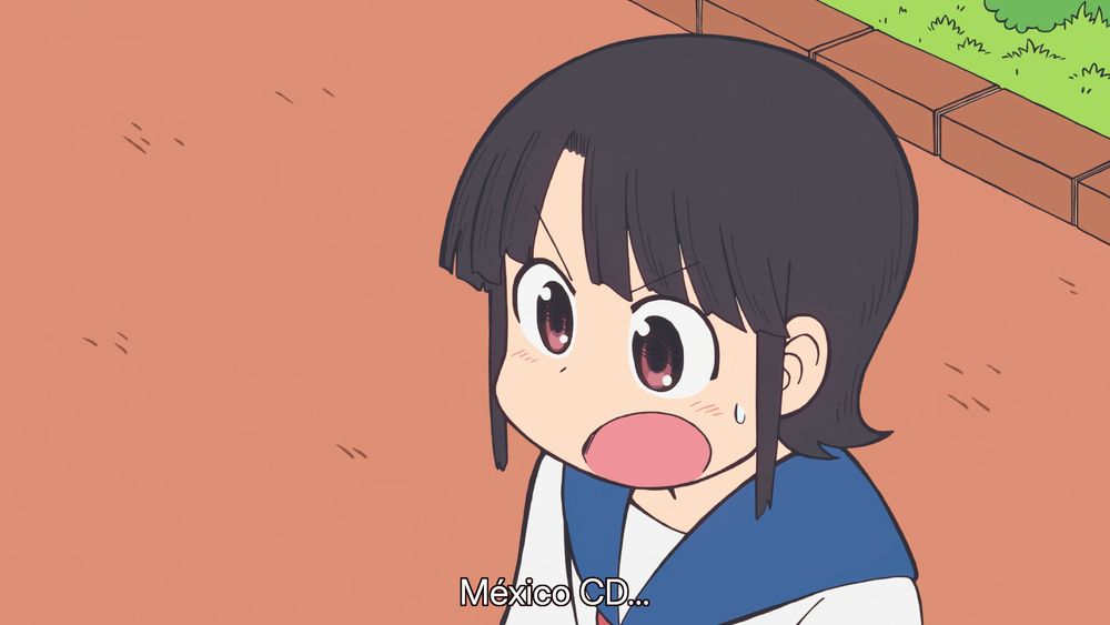 Edited screenshot from episode 4 of "CITY the Animation" including subtitles; shows Matsuri with an impressed expression on her face, saying "México CD..."