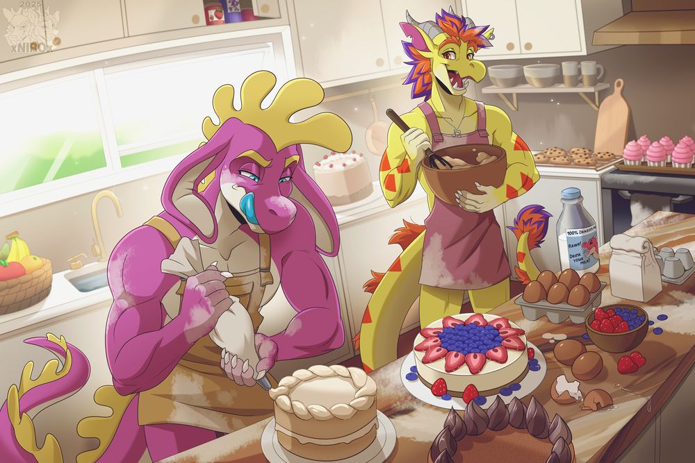 Polari and Alcitron, wearing only an apron, in a kitchen surrounded by cakes, cookies, and cupcakes.  The kitchen is a mess with broken eggs, flour, and milk (with the red dragon logo) around, showing these two have baked all the desserts.  At the moment, Polari is trying to frost another cake, and Alcitron is mixing a bowl of batter.
