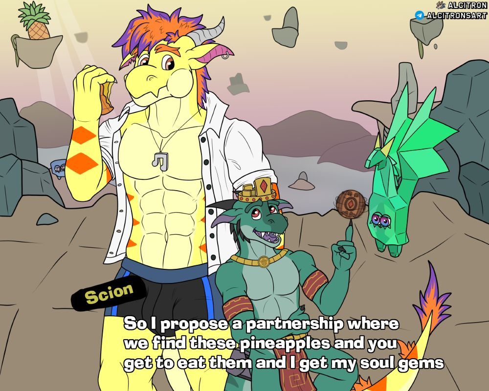 Scion leaning against Alcitron, who is wearing an unbuttoned white shirt and short blue trunks.  Scion is proposing a partnership where he helps Alci find pineapple crystals in exchange for the soul gems inside.