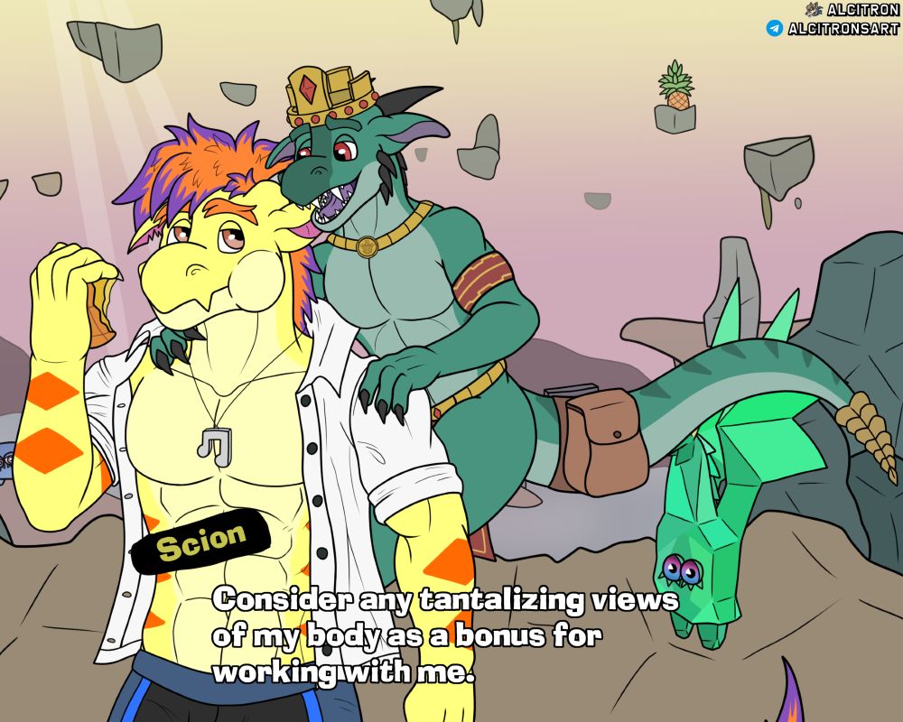 Same position as last panel, but Scion is smirking and telling Alci that tantalizing views of his body due to what he's wearing (or not wearing) is a bonus for their deal.