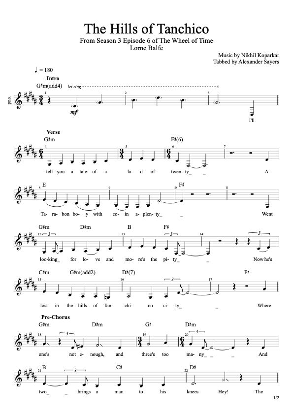 Page 1 of my simplified lead sheet transcription of "The Hills of Tanchico", which covers the intro, verse and pre-chorus.