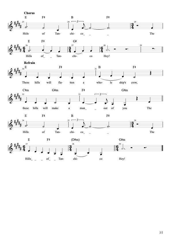 Page 2 of my simplified lead sheet transcription of "The Hills of Tanchico", which covers the chorus, and refrain sections.