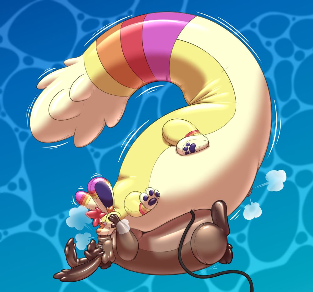 a pooltoy rabbit puff kissing a pooltoy amphimorpho, inflating them big and round