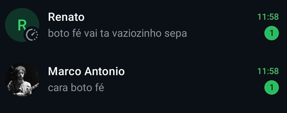 duas msgs de whats. a primeira diz "boto fe vai ta vaziozinho sepa" e a segunda diz "cara boto fe"