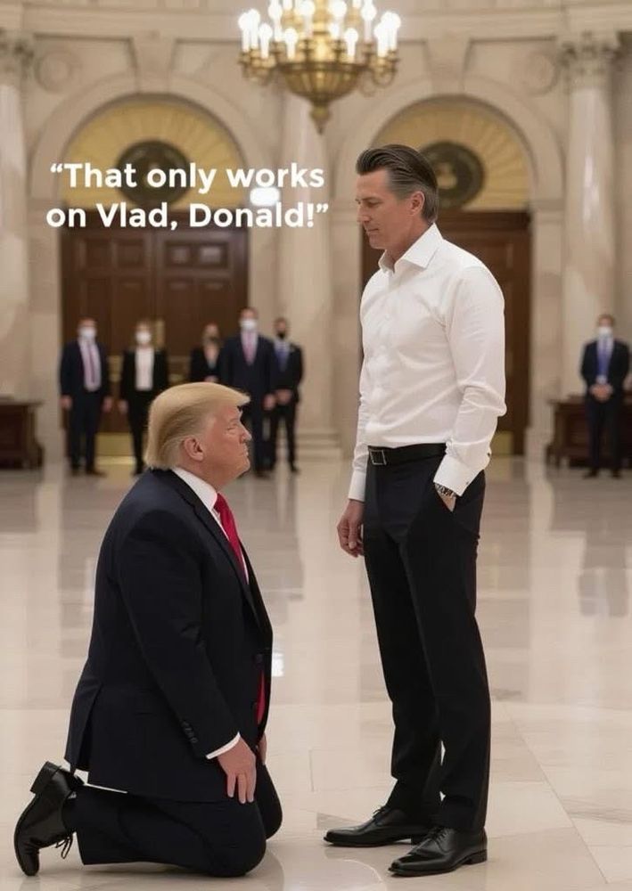 A mock meme of Donnie in his usual garb, on his knees before Governor Newsom who's wearing a white shirt with black pants, with a caption, 
