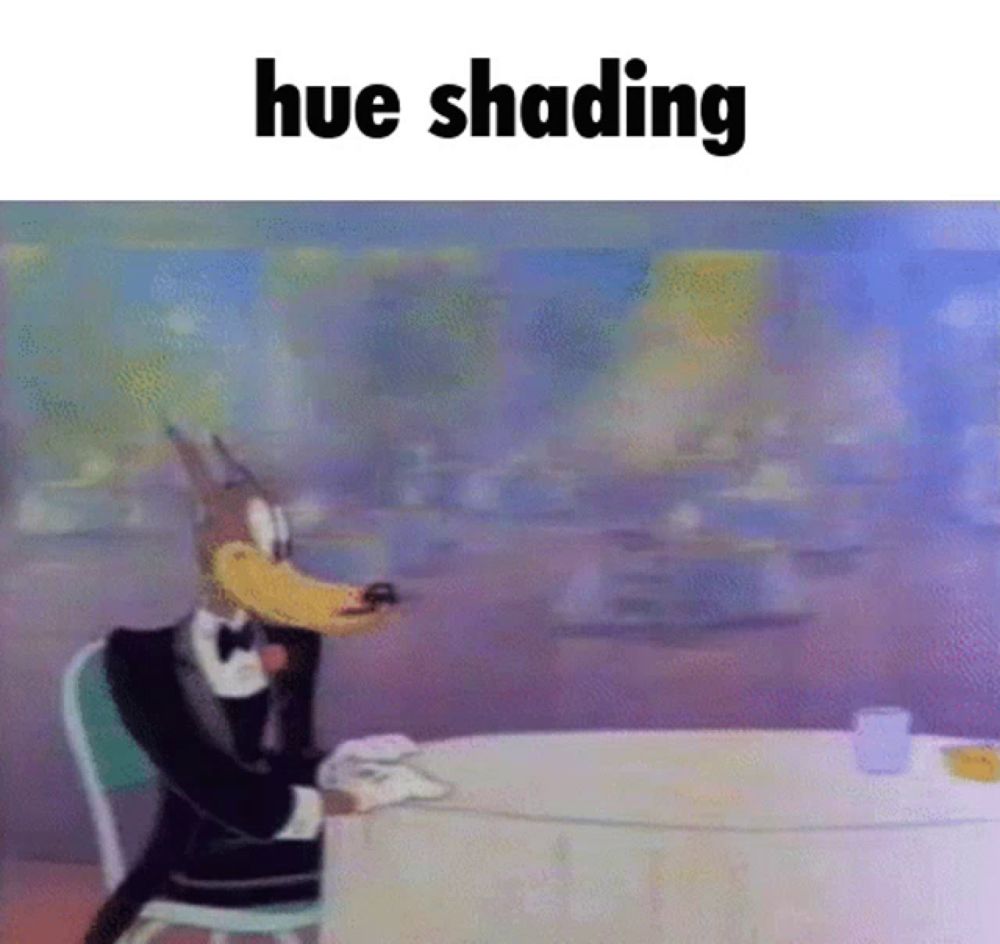 a cartoon of a wolf in a tuxedo sitting at a table with the caption hue shading