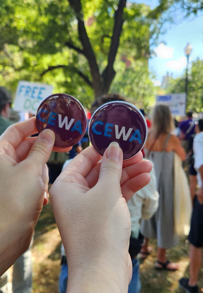 Two hands hold purple and blue CEWA pins. There is a blurry background of a crowd