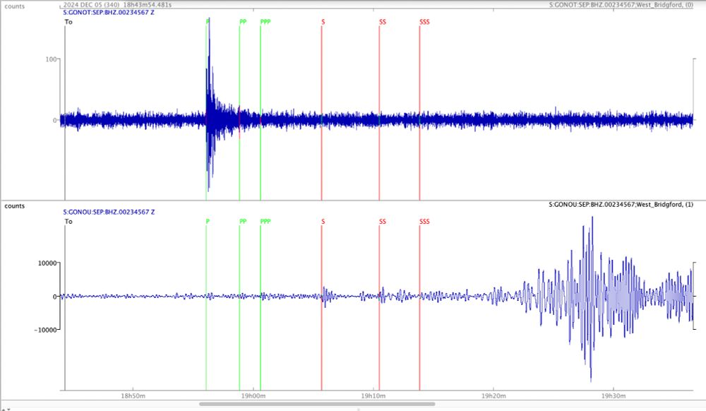 Two seismograms. The first shows a strong P-wave arrival at about 18.56 UTC. The second shows S-wave arrivals after about 19.05 UTC and strong surface waves after about 19.22 UTC