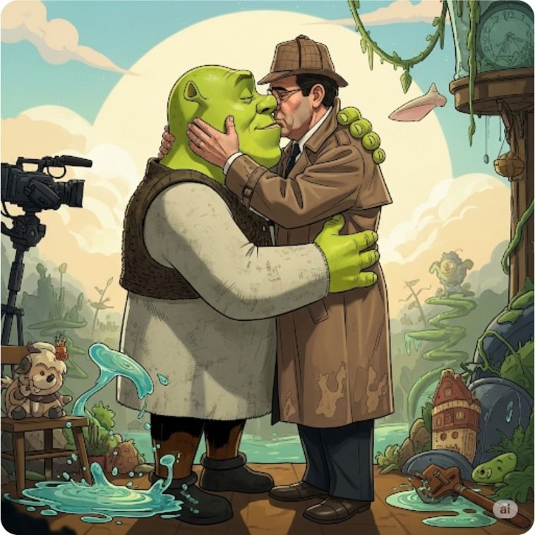 Drawing generated by Gemini AI of Shrek kissing Columbo