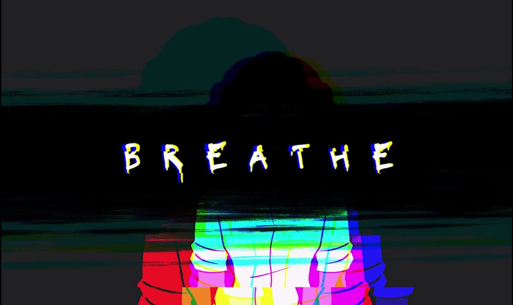 A black textured bar covers the screen horizontally with the word 'Breathe' on top, and a figure behind it is glitched in chroma and saturated colors, red, cyan, yellow, magenta, green, and blue. A variation mock up of the mini game intro sequence. 