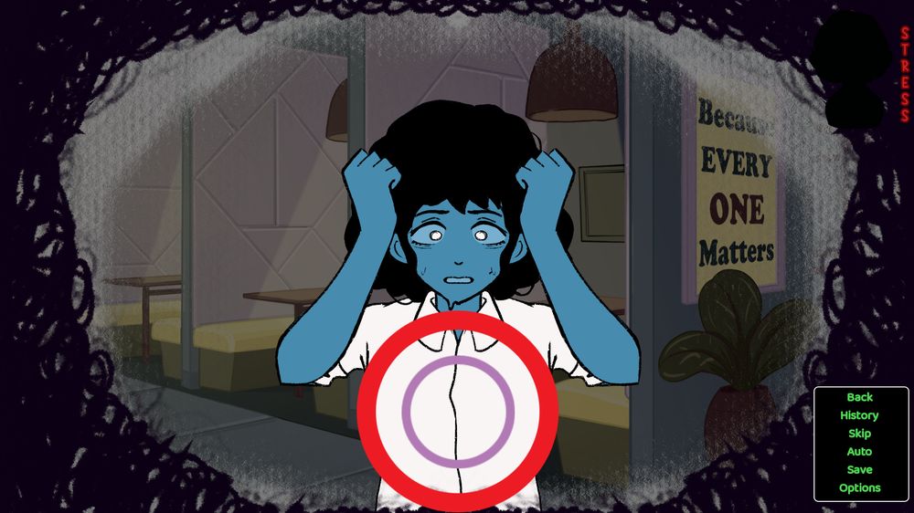 Mini Game Gameplay screenshot: Celia, an Afro-Latina woman grabs her head and hair in stress. Below her are two circles: a red circle, and a smaller purple one within the red. Black scribbles surround the image.