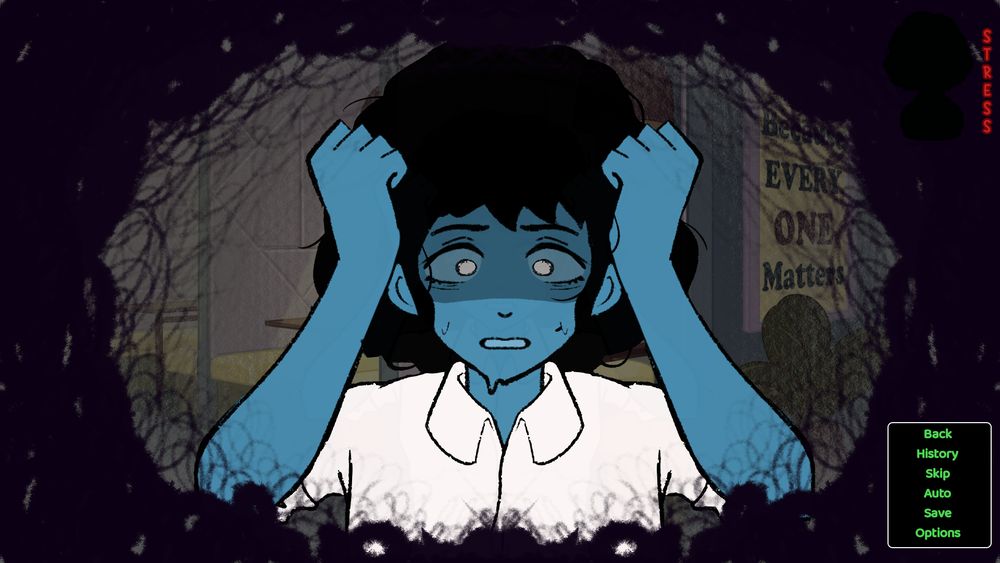 Mini Game Gameplay screenshot: A close up shot of Celia, an Afro-Latina woman grabbing her head and hair with a distressed and panicked expression. Black scribbles surround the image.