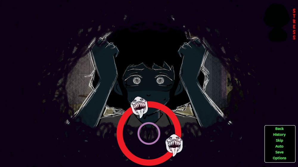 Mini Game Gameplay screenshot: close up of a dark figure with white circular scribbles for eyes, and white outlines on face.  Below her are two circles: a red circle, and a smaller purple one within the red. On the red circle are a couple of small monster faces. Black scribbles surround the image.