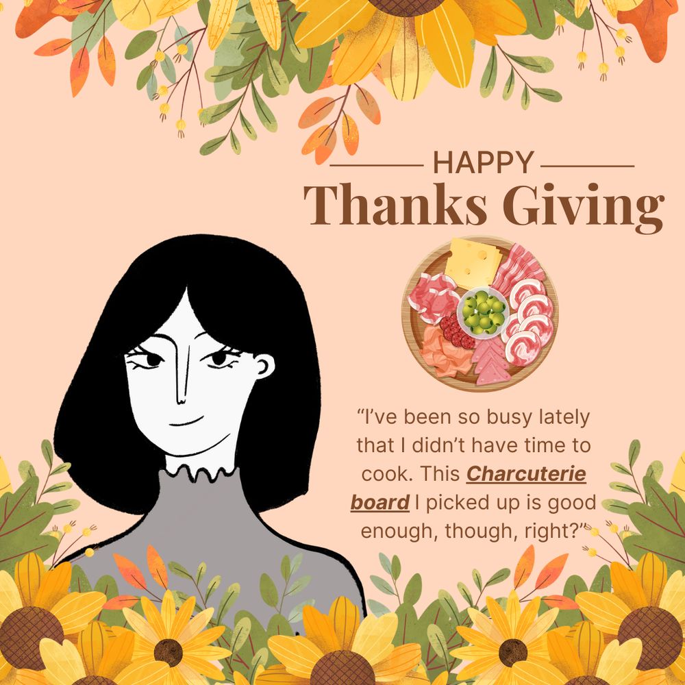 Sunflowers and green leaves on a bright background. A grayscale character portrait of a black haired woman is opposite a charcuterie board. 