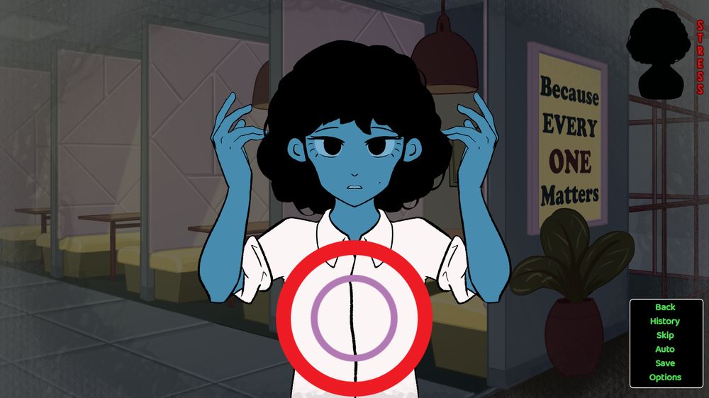 Mini Game Gameplay screenshot: Celia, an Afro-Latina woman takes her hands off her head in relief, standing in front of a dimmed cafeteria-like background. Below her are two circles: a red circle, and a smaller purple one within the red. Black scribbles surround the image.