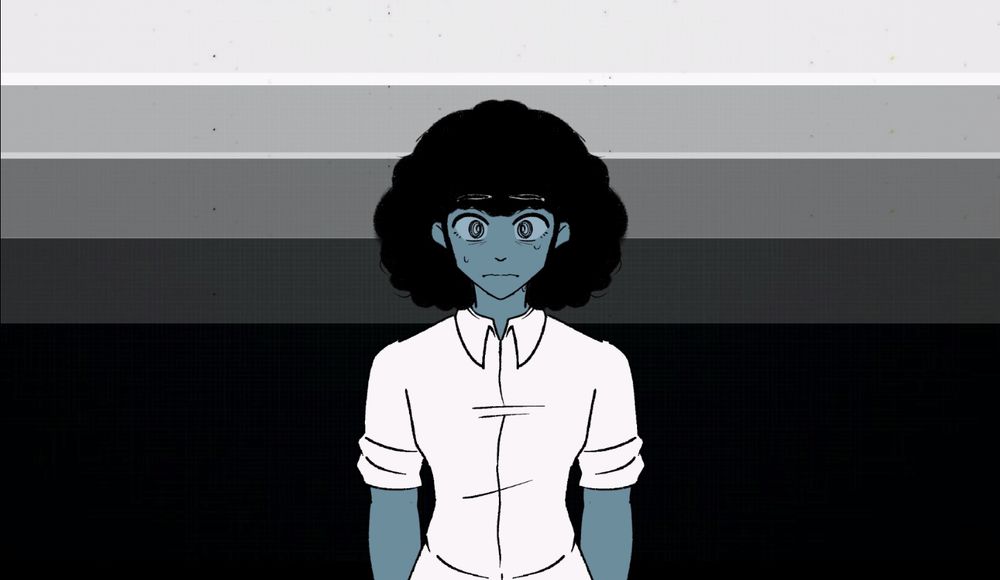 An Afro Latina woman in a white top looks worried in front of a stepped white-grey-black background. Testing the background animation of the mini game intro sequence.