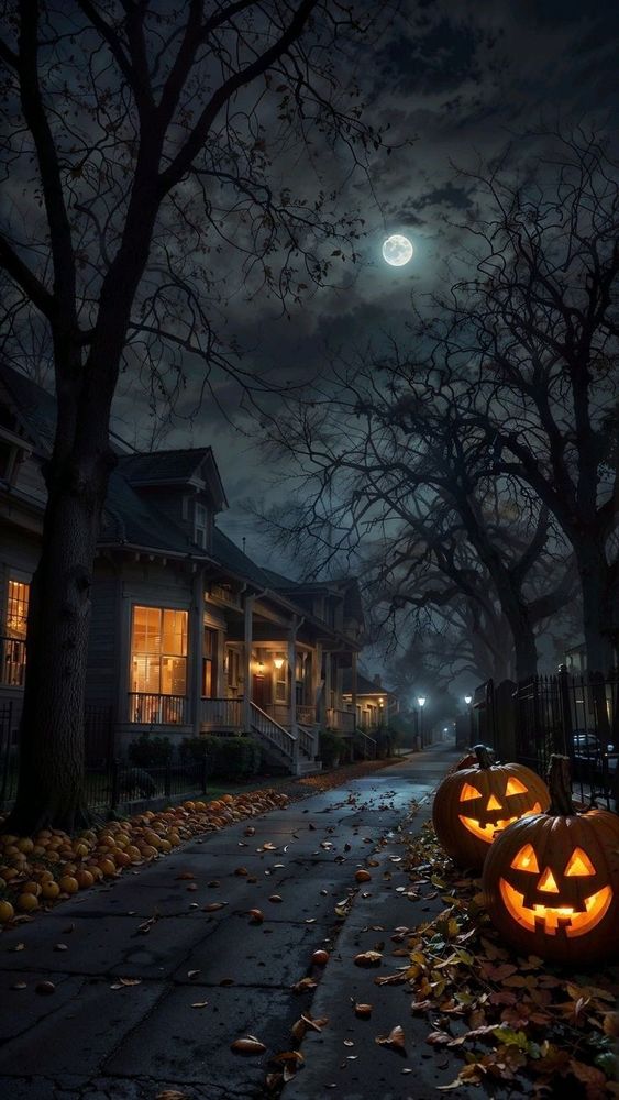 A dark fall night with a full moon and clouds. Two jack-o'-lanterns sit on the sidewalk. House lights cast an orange glow.