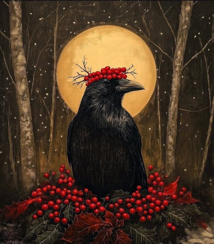 A crow wears a crown of holly berries while sitting in a nest of them. A full moon with trees is the background.