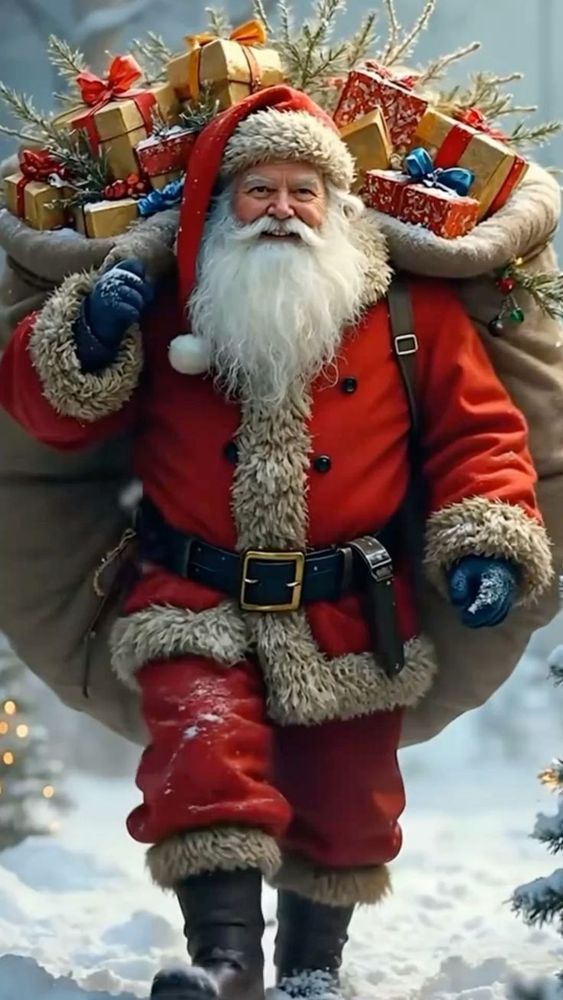 Santa Claus carrying a big sack of presents. Lyric from Here Comes Santa Claus.
"He doesn't care if you're rich or poor.
He loves you just the same. Santa Claus knows we're all God's children.