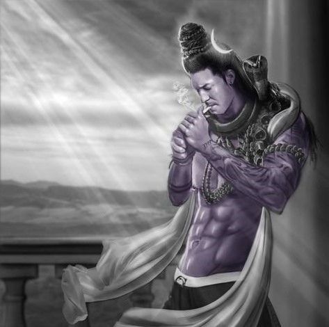 Hindu God Shiva standing smoking a cigarette or joint with white scarf around his neck and sun rays shinning on him