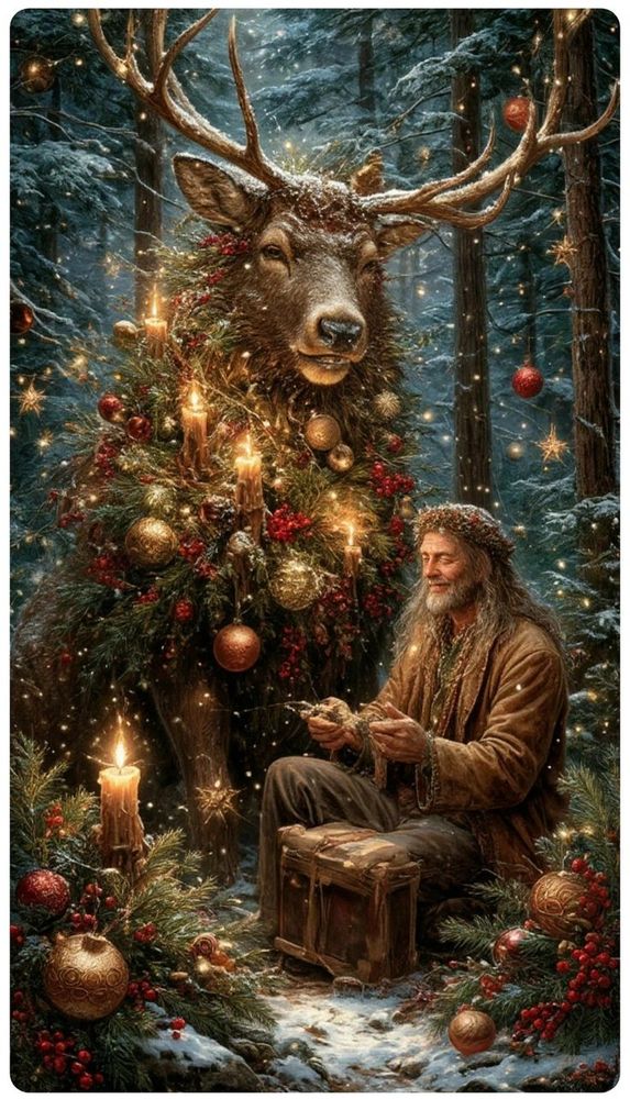 A forest setting with snow falling. A man sits in meditation. Beside him is the Yule Stag adorned in candles and decorations. Caption - Take my troubles on your mighty antlers and toss them to the four winds.
 